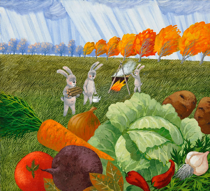 Hares in the field cooking borsch